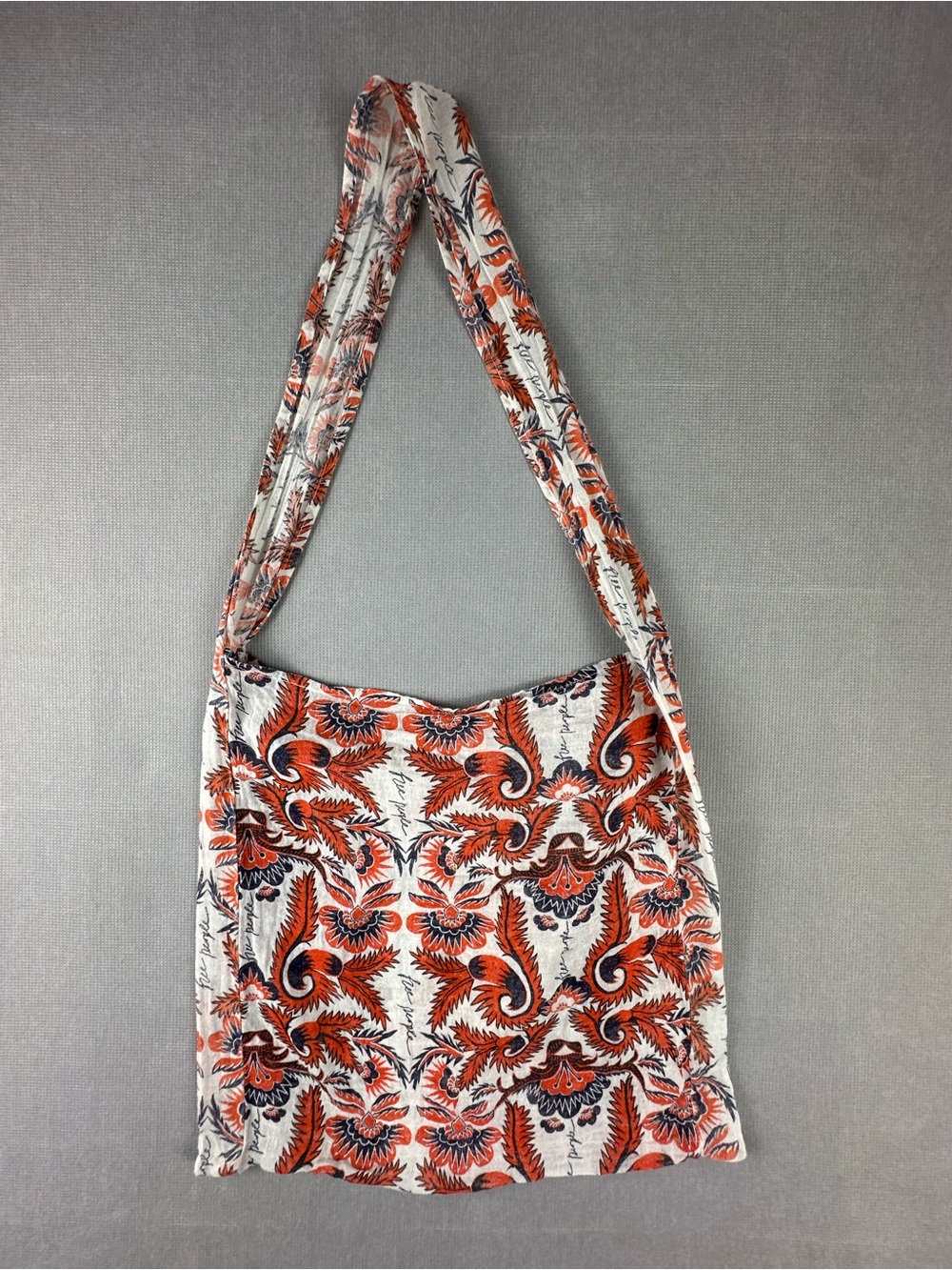 Free People Linen Floral Paisley Shoulder Bag Boho Orange Navy Blue White